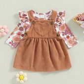 Kislány őszi ruha szettek hosszú ujjú nyakú virágos nadrág + kordbársony függőszoknya