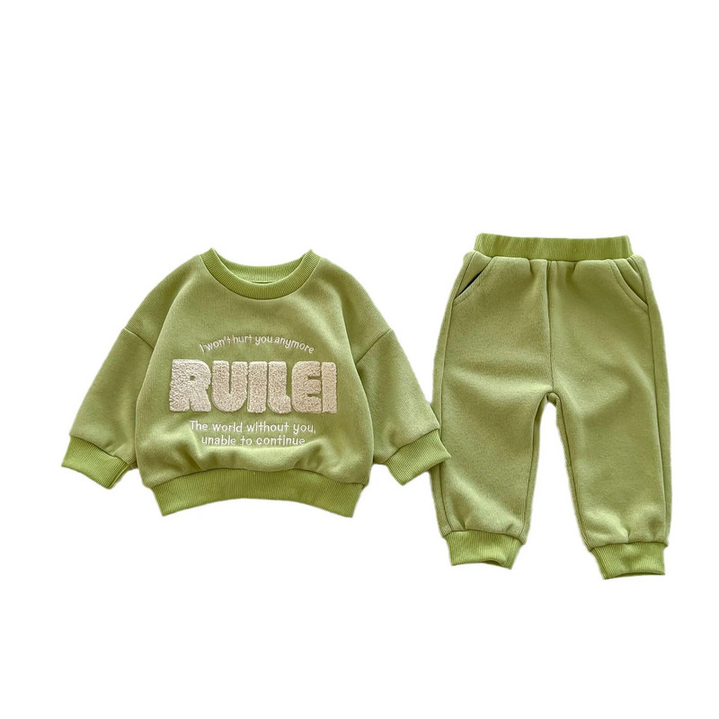 2023 őszi újdonság gyerekeknek, kisfiúknak, hosszú ujjú, bolyhos, betűs felső pulóverek + háremnadrág kisgyermek csecsemőruha szett, 2 db