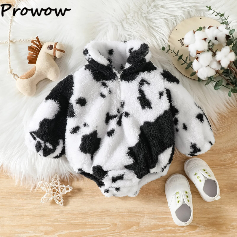 Prowow 0-24M babaruha újszülötteknek fekete fehér tehén nyomott body csecsemőknek cipzáras téli polár pólós babák jumpsuit