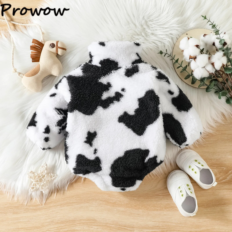 Prowow 0-24M babaruha újszülötteknek fekete fehér tehén nyomott body csecsemőknek cipzáras téli polár pólós babák jumpsuit