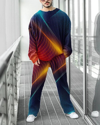 Мъжки комплект анцузи Пуловер с кръгло деколте с дълъг ръкав Спортни панталони Екипи от две части Цветни райета 3D печат Спортен свободен ежедневен костюм