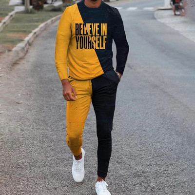 Férfi tréningruha szett Legénységi nyakú, hosszú ujjú pulóver, melegítőnadrág, kétrészes ruhák, csíkos színes 3D nyomtatott sport bő alkalmi öltöny