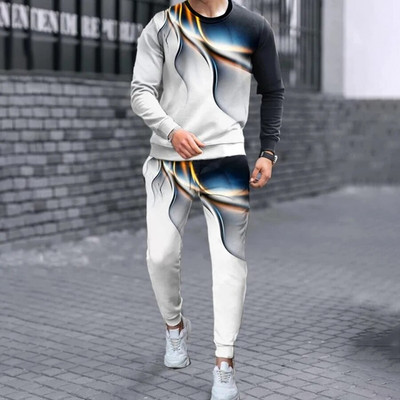 Férfi tréningruha szett Legénységi nyakú, hosszú ujjú pulóver, melegítőnadrág, kétrészes ruhák, csíkos színes 3D nyomtatott sport bő alkalmi öltöny