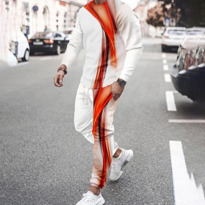 Férfi tréningruha szett Legénységi nyakú, hosszú ujjú pulóver, melegítőnadrág, kétrészes ruhák, csíkos színes 3D nyomtatott sport bő alkalmi öltöny