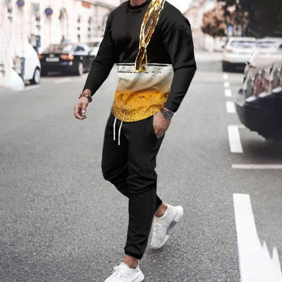 Férfi tréningruha szett Legénységi nyakú, hosszú ujjú pulóver, melegítőnadrág, kétrészes ruhák, csíkos színes 3D nyomtatott sport bő alkalmi öltöny