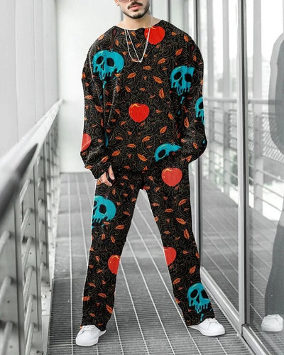 Férfi tréningruha szett Legénységi nyakú, hosszú ujjú pulóver, melegítőnadrág, kétrészes ruhák, csíkos színes 3D nyomtatott sport bő alkalmi öltöny