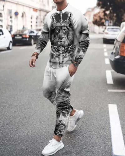 Férfi tréningruha szett Legénységi nyakú, hosszú ujjú pulóver, melegítőnadrág, kétrészes ruhák, csíkos színes 3D nyomtatott sport bő alkalmi öltöny