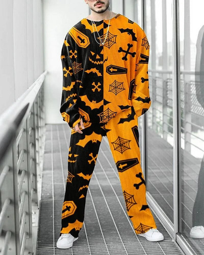 Férfi tréningruha szett Legénységi nyakú, hosszú ujjú pulóver, melegítőnadrág, kétrészes ruhák, csíkos színes 3D nyomtatott sport bő alkalmi öltöny