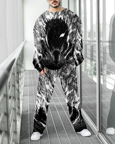 Férfi tréningruha szett Legénységi nyakú, hosszú ujjú pulóver, melegítőnadrág, kétrészes ruhák, csíkos színes 3D nyomtatott sport bő alkalmi öltöny