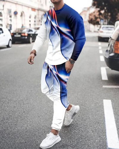 Férfi tréningruha szett Legénységi nyakú, hosszú ujjú pulóver, melegítőnadrág, kétrészes ruhák, csíkos színes 3D nyomtatott sport bő alkalmi öltöny