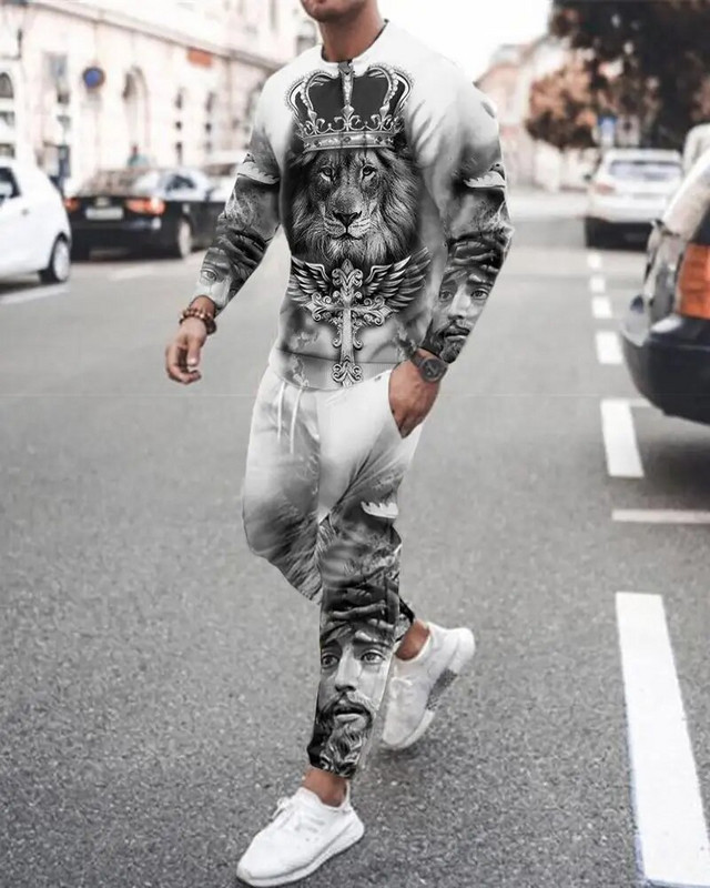 Férfi tréningruha szett Legénységi nyakú, hosszú ujjú pulóver, melegítőnadrág, kétrészes ruhák, csíkos színes 3D nyomtatott sport bő alkalmi öltöny