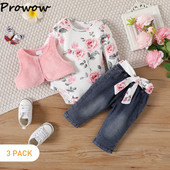 Prowow 0-18M farmer baba ruhák ruhák, rózsaszín, fuzzy mellény+rózsa nadrág+fűzős farmernadrág 3db újszülött szett