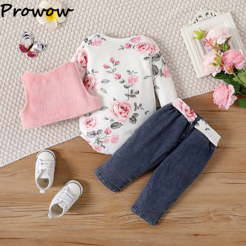 Prowow 0-18M farmer baba ruhák ruhák, rózsaszín, fuzzy mellény+rózsa nadrág+fűzős farmernadrág 3db újszülött szett