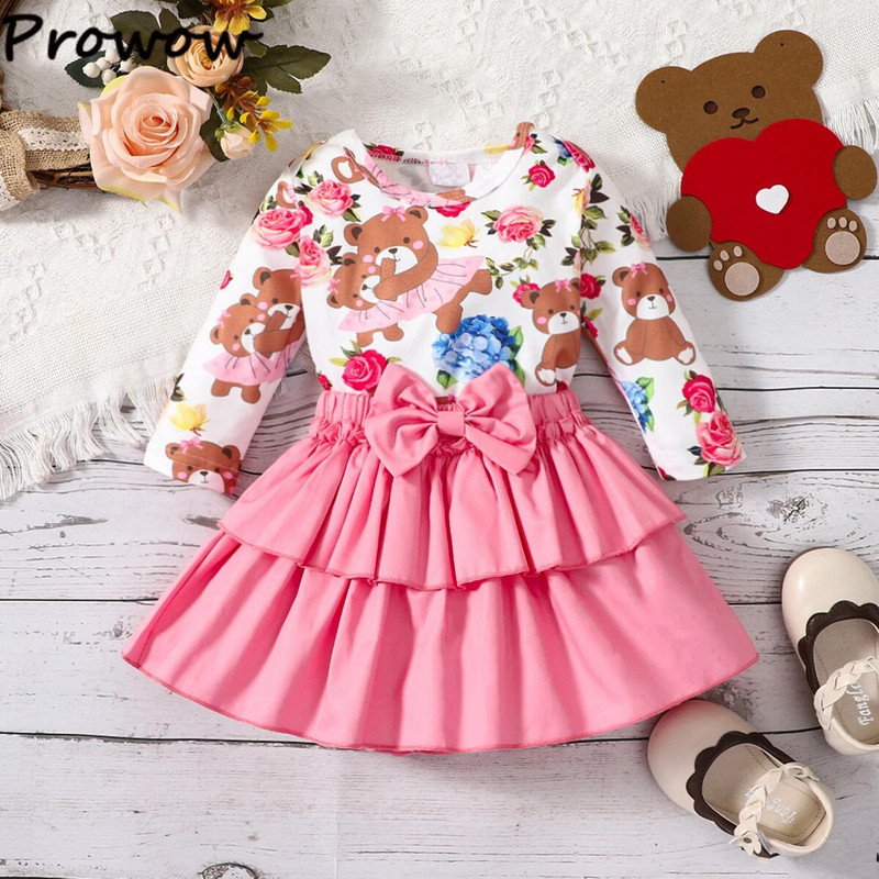 Prowow 0-18M Őszi Téli Kislány Ruhák Barátok Medvék Rózsaszín szoknyák Újszülött Kislányok Ruházati Szettek