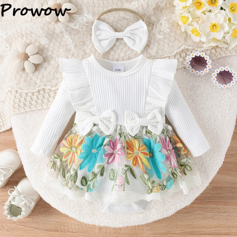 Prowow 0-18M babaruhák tavaszi őszi fodrok hímzéses virágos body újszülötteknek csecsemő baba pólós lányoknak