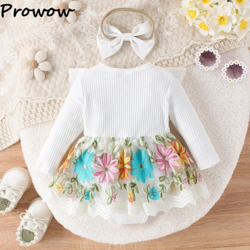 Prowow 0-18M babaruhák tavaszi őszi fodrok hímzéses virágos body újszülötteknek csecsemő baba pólós lányoknak