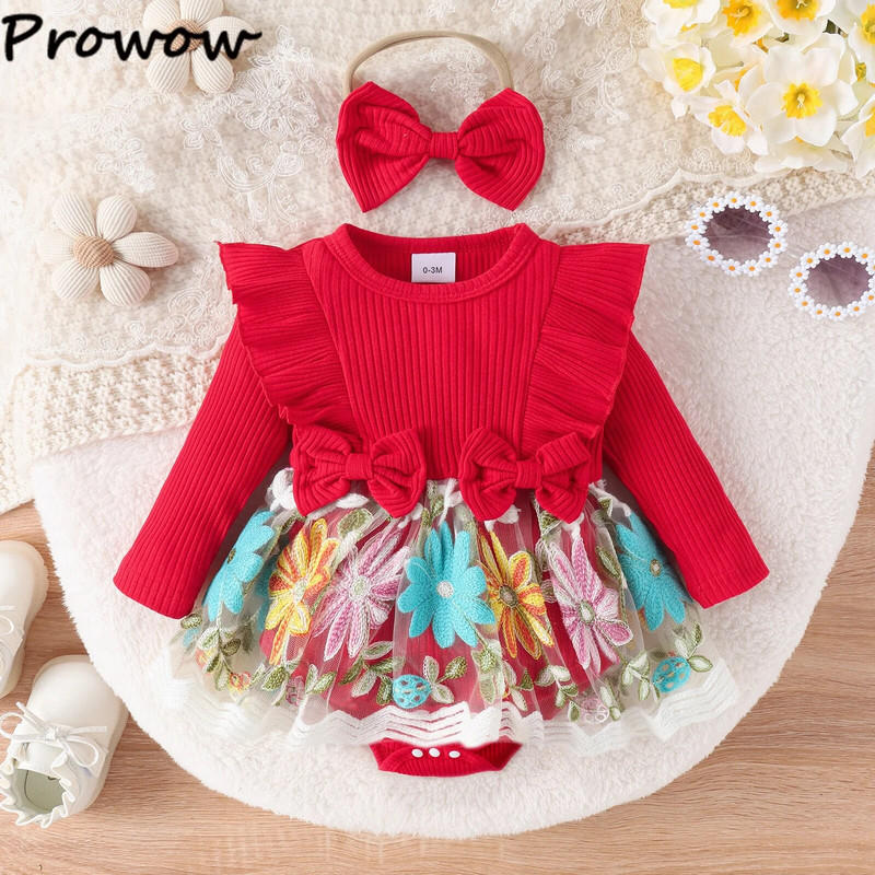 Prowow 0-18M babaruhák tavaszi őszi fodrok hímzéses virágos body újszülötteknek csecsemő baba pólós lányoknak