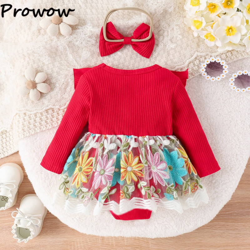 Prowow 0-18M babaruhák tavaszi őszi fodrok hímzéses virágos body újszülötteknek csecsemő baba pólós lányoknak