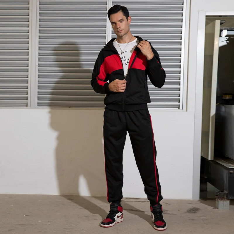 Alkalmi öltöny férfi őszi új színű kontraszt bő kardigán kapucnis sportruha kétrészes férfi öltöny