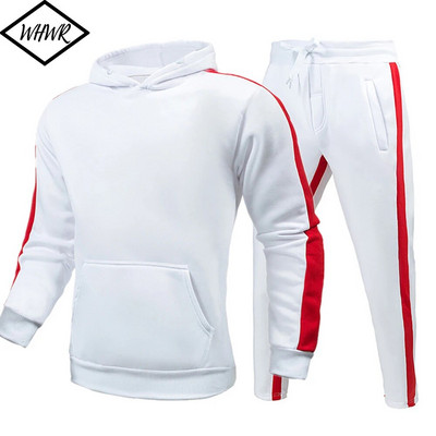 Őszi téli Polar Polár Férfi Sport Szettek Csíkos pulóver Kétrészes öltöny Férfi Fitness Kontraszt Szín Pulcsi Vastag Pulóverek