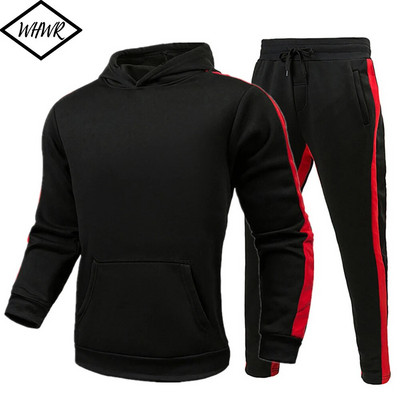 Őszi téli Polar Polár Férfi Sport Szettek Csíkos pulóver Kétrészes öltöny Férfi Fitness Kontraszt Szín Pulcsi Vastag Pulóverek