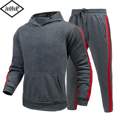 Őszi téli Polar Polár Férfi Sport Szettek Csíkos pulóver Kétrészes öltöny Férfi Fitness Kontraszt Szín Pulcsi Vastag Pulóverek