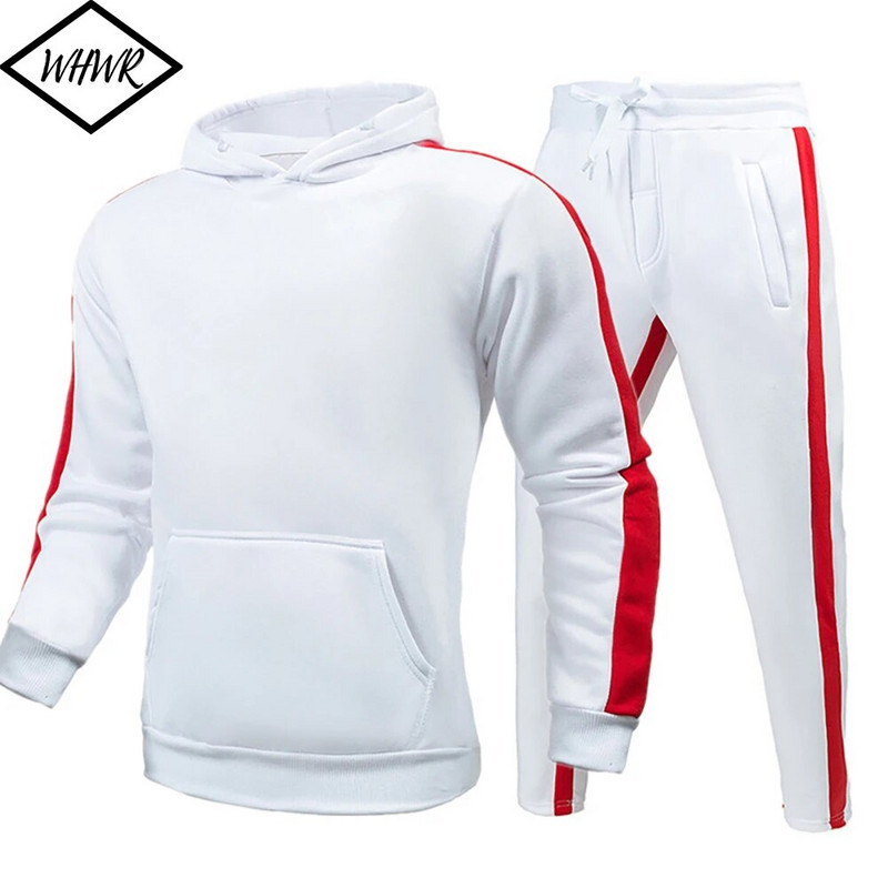 Őszi téli Polar Polár Férfi Sport Szettek Csíkos pulóver Kétrészes öltöny Férfi Fitness Kontraszt Szín Pulcsi Vastag Pulóverek