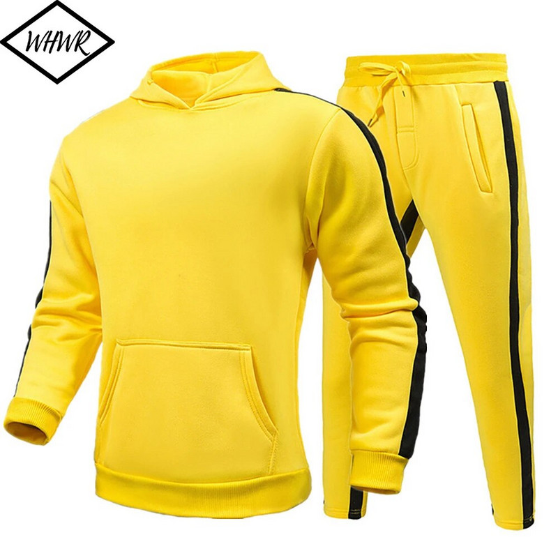 Őszi téli Polar Polár Férfi Sport Szettek Csíkos pulóver Kétrészes öltöny Férfi Fitness Kontraszt Szín Pulcsi Vastag Pulóverek