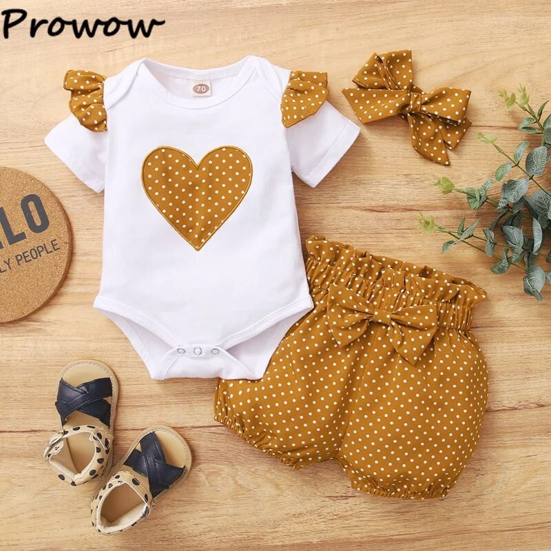 Prowow 0 18M Kislányok Nyári Ruházat Felszerelések Rövid ujjú Romper+Bowknot Dots Shorts Alkalmi újszülött lányok ruhakészlet