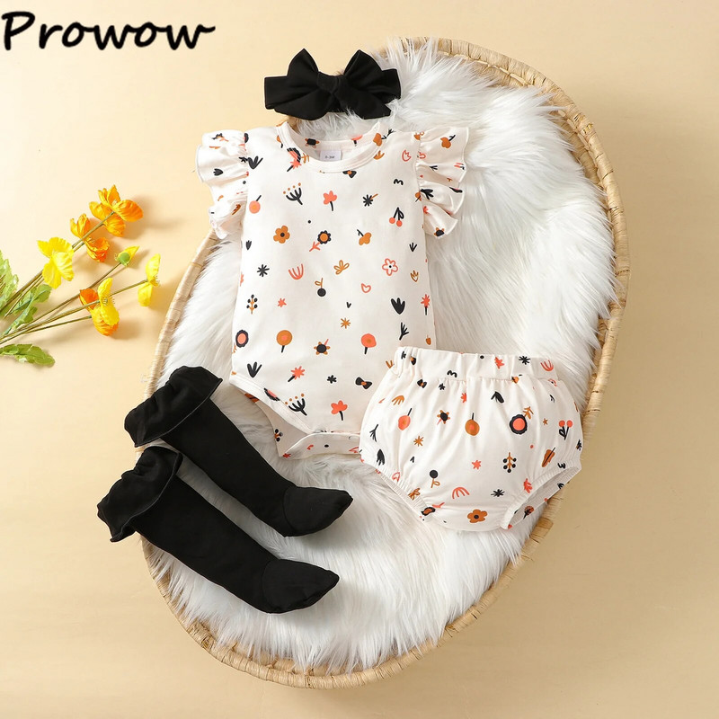 Prowow 0-18M divatos kislányruha készletek kis virágos nadrág és rövidnadrág térdzoknival + fejpánt lányruhák újszülötteknek