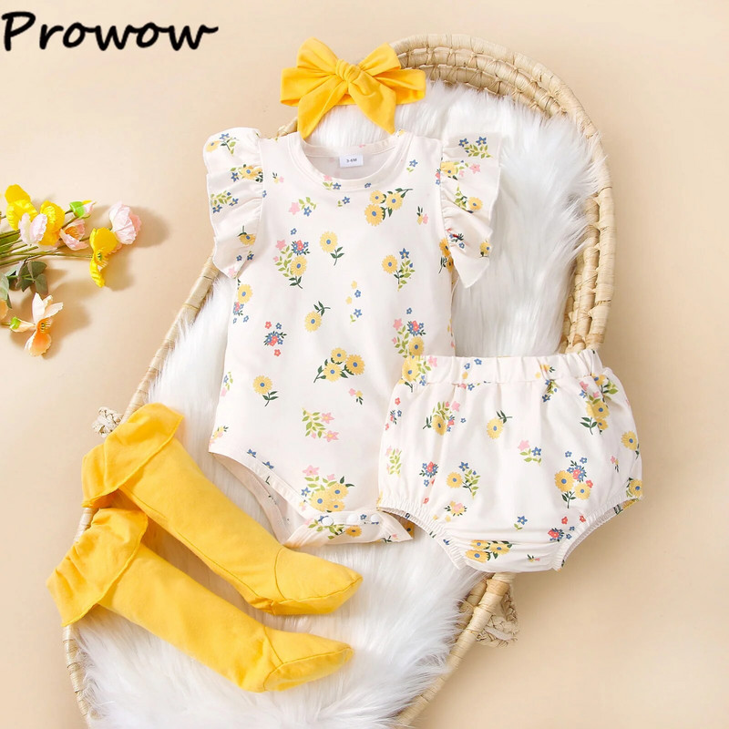 Prowow 0-18M divatos kislányruha készletek kis virágos nadrág és rövidnadrág térdzoknival + fejpánt lányruhák újszülötteknek