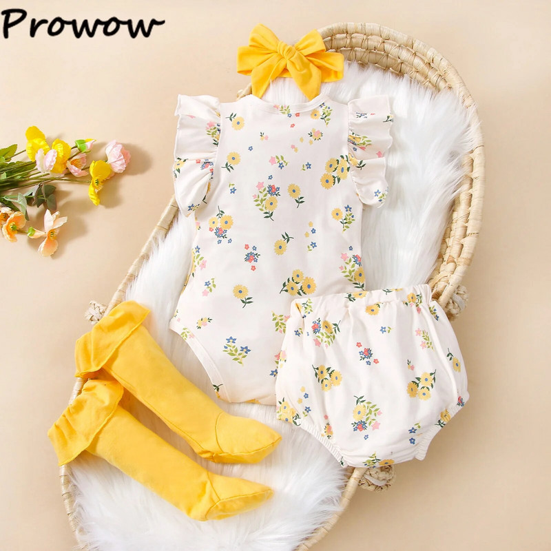 Prowow 0-18M divatos kislányruha készletek kis virágos nadrág és rövidnadrág térdzoknival + fejpánt lányruhák újszülötteknek
