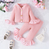 Prowow 3-24M őszi-téli kislány ruha szett flare ujjú kötött felső+rózsaszín kiszélesedő nadrág 2db kisgyermek kislány ruhák készletek
