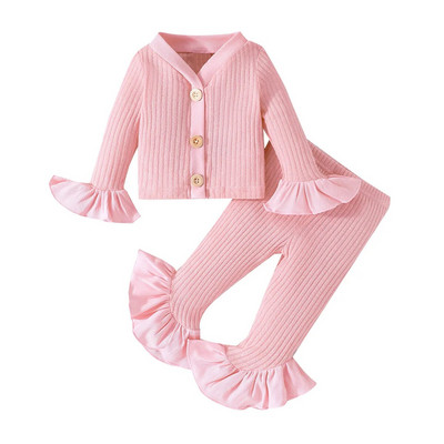 Prowow 3-24M őszi-téli kislány ruha szett flare ujjú kötött felső+rózsaszín kiszélesedő nadrág 2db kisgyermek kislány ruhák készletek