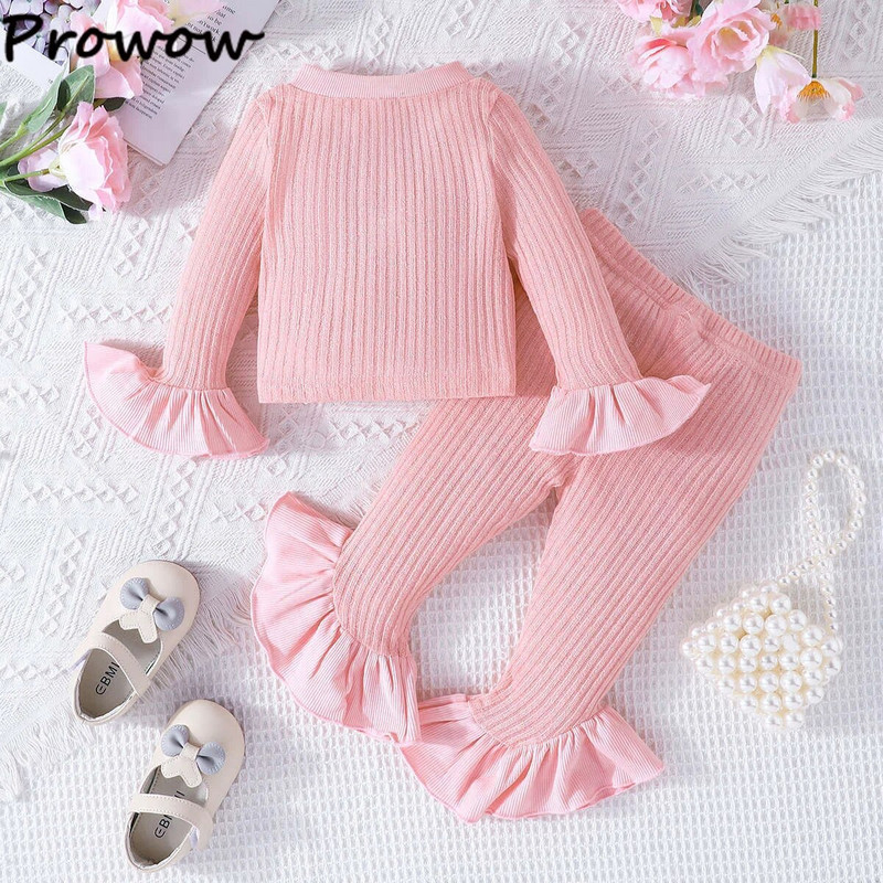 Prowow 3-24M őszi-téli kislány ruha szett flare ujjú kötött felső+rózsaszín kiszélesedő nadrág 2db kisgyermek kislány ruhák készletek