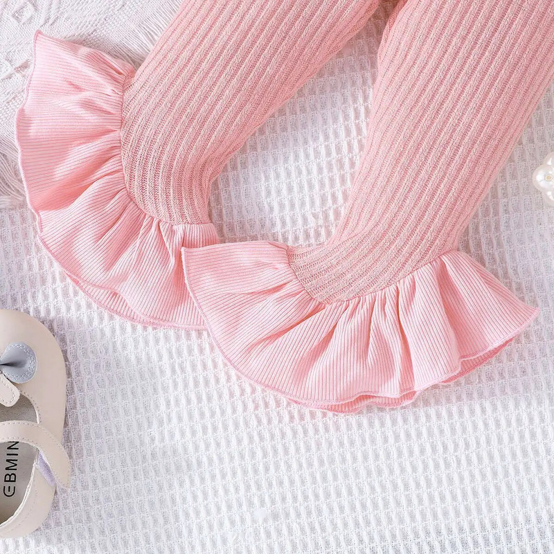 Prowow 3-24M őszi-téli kislány ruha szett flare ujjú kötött felső+rózsaszín kiszélesedő nadrág 2db kisgyermek kislány ruhák készletek