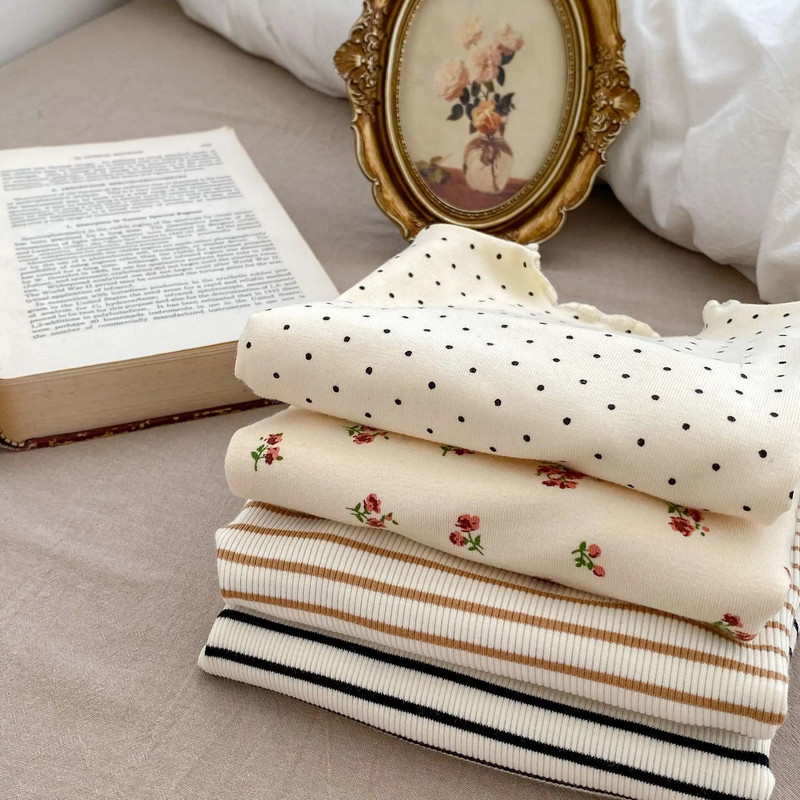 7534 Ins Kislány alsó póló csíkos pontozott virágos felső hosszú ujjú ruhák csecsemő póló babaruhák