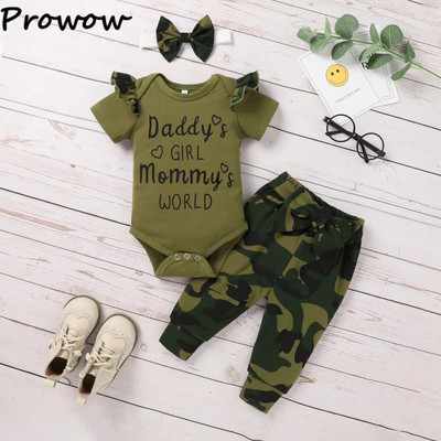 Prowow 0-18M nyári babaruhák újszülötteknek Army Green Mama`s Romper + terepszínű nadrágok csecsemők gyerekek fiú lányok szett ruhák