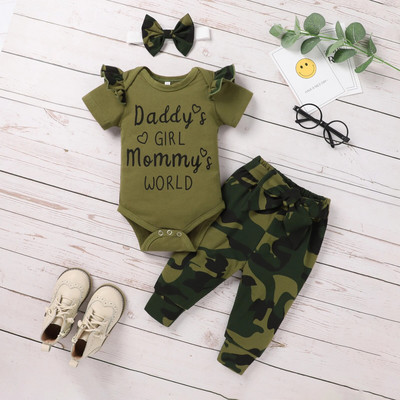 Prowow 0-18M nyári babaruhák újszülötteknek Army Green Mama`s Romper + terepszínű nadrágok csecsemők gyerekek fiú lányok szett ruhák