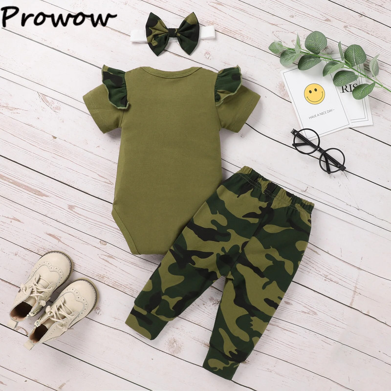 Prowow 0-18M nyári babaruhák újszülötteknek Army Green Mama`s Romper + terepszínű nadrágok csecsemők gyerekek fiú lányok szett ruhák