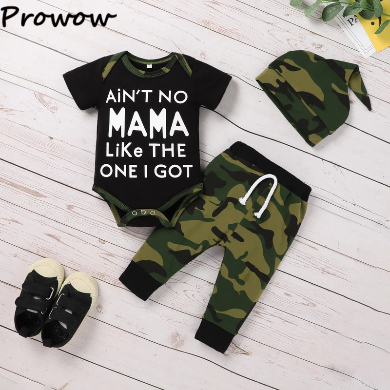 Prowow 0-18M nyári babaruhák újszülötteknek Army Green Mama`s Romper + terepszínű nadrágok csecsemők gyerekek fiú lányok szett ruhák