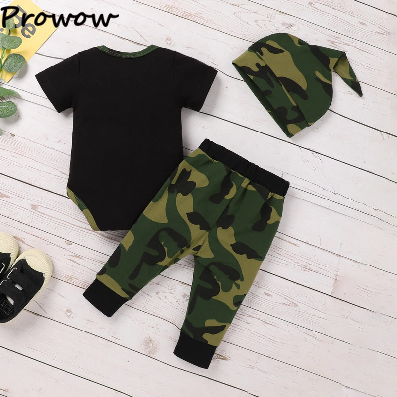 Prowow 0-18M nyári babaruhák újszülötteknek Army Green Mama`s Romper + terepszínű nadrágok csecsemők gyerekek fiú lányok szett ruhák