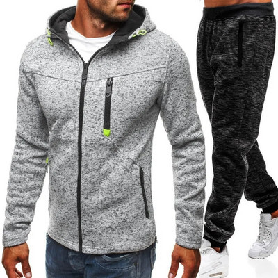 Őszi és téli Férfi Sport Szabadidő Fitness Jacquard Pulóver Polár Kardigán Kapucnis kabát Pulóver Laza sport Kétrészes szett