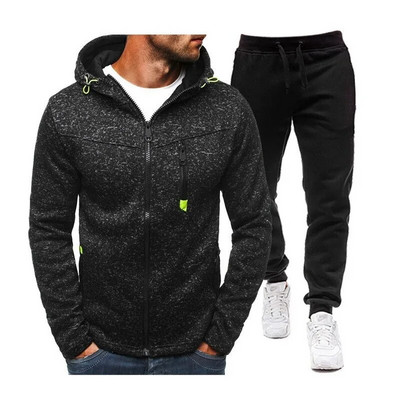 Őszi és téli Férfi Sport Szabadidő Fitness Jacquard Pulóver Polár Kardigán Kapucnis kabát Pulóver Laza sport Kétrészes szett