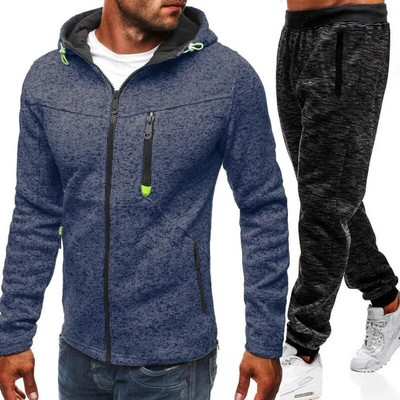 Őszi és téli Férfi Sport Szabadidő Fitness Jacquard Pulóver Polár Kardigán Kapucnis kabát Pulóver Laza sport Kétrészes szett