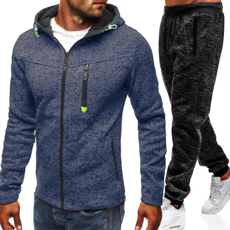 Őszi és téli Férfi Sport Szabadidő Fitness Jacquard Pulóver Polár Kardigán Kapucnis kabát Pulóver Laza sport Kétrészes szett