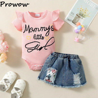 Prowow 0-18M Traper odjeća Komplet odjeće za djevojčice Letter Pink Romper + Poderane hlače Jeans kratke hlače Ljetni top i setovi suknji