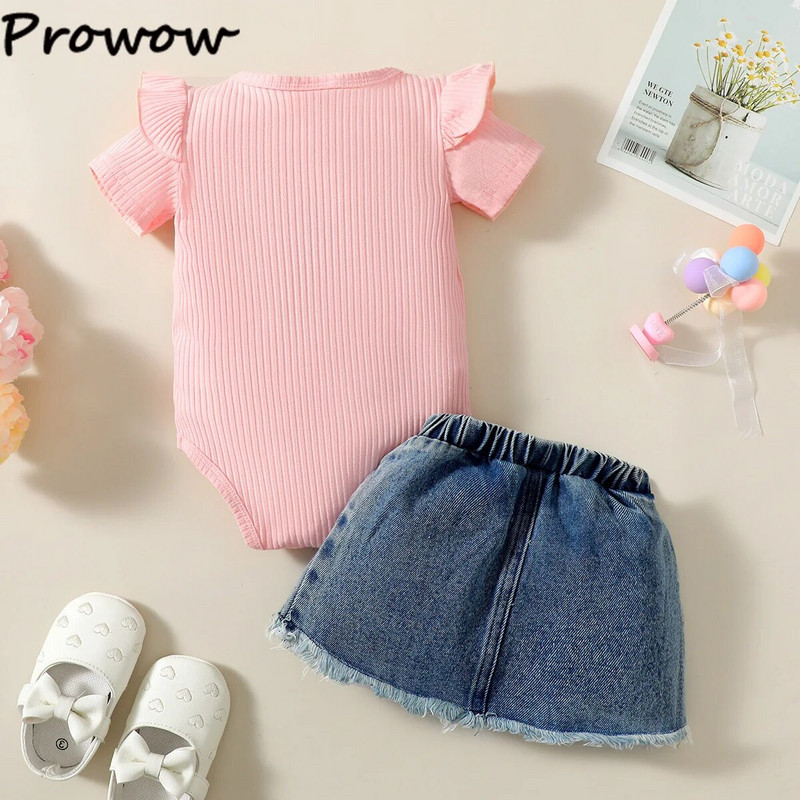 Prowow 0-18M farmer outfit baba lány ruha szett Letter rózsaszín nadrág + szakadt nadrág farmer rövidnadrág nyári felső és szoknya szettek