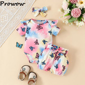 Prowow 0-18M kislány ruha nyári ruha szettek nyakkendővel festett lila pillangós nadrág és öves rövidnadrág újszülött születési szettek