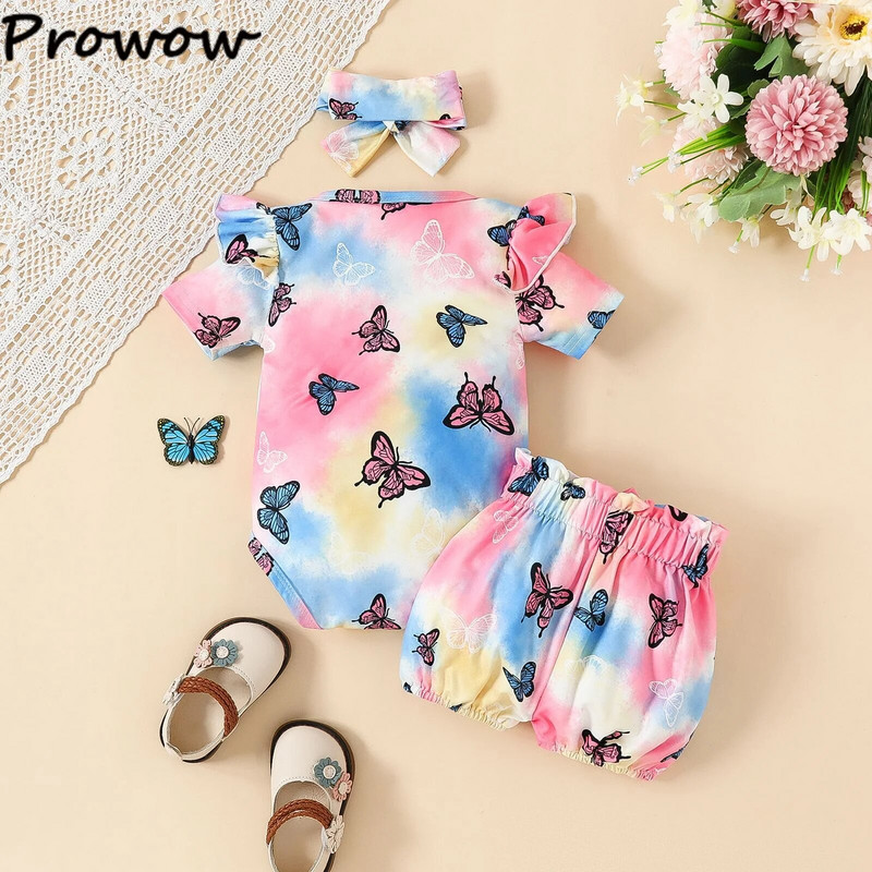 Prowow 0-18M kislány ruha nyári ruha szettek nyakkendővel festett lila pillangós nadrág és öves rövidnadrág újszülött születési szettek